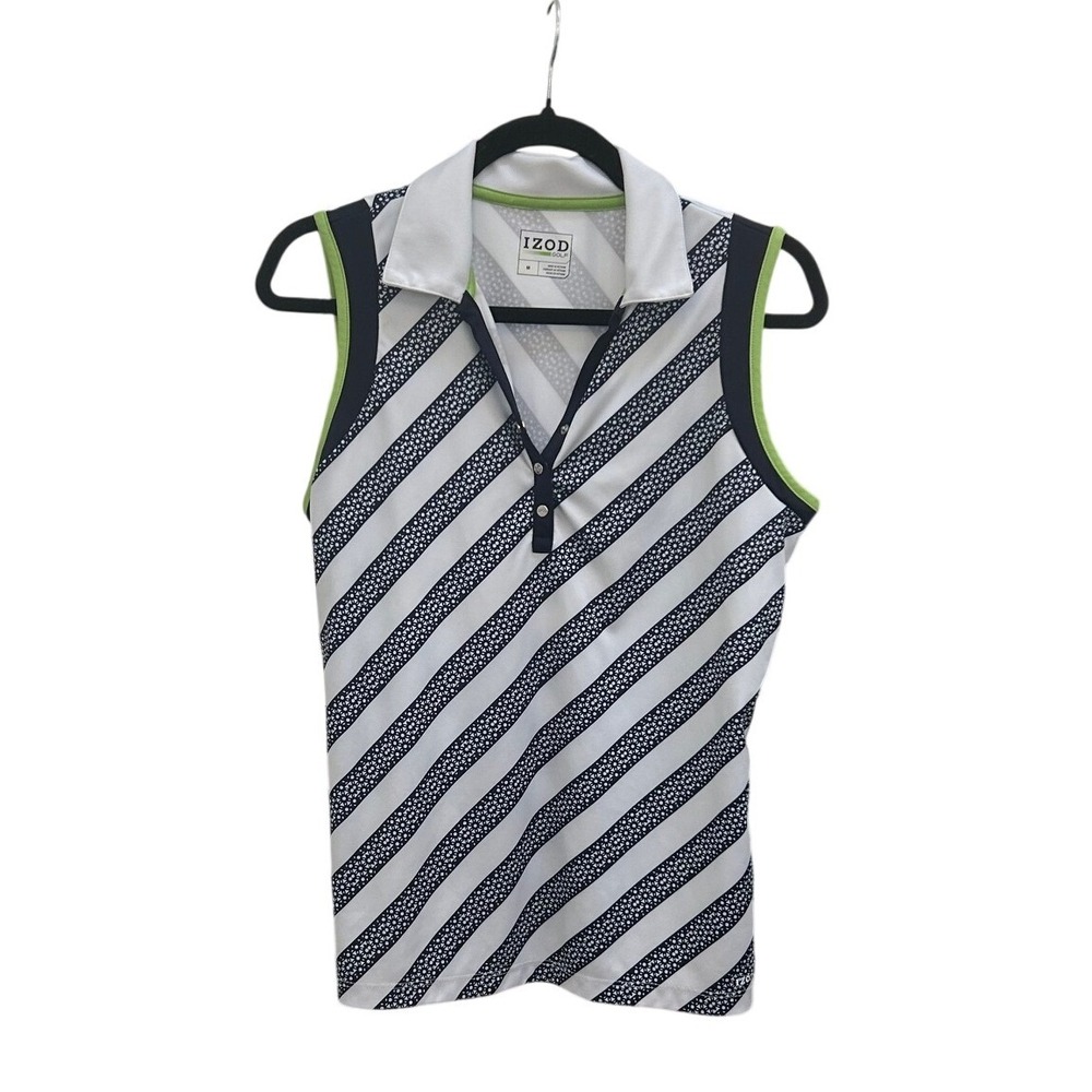 IZOD Golf Womens Sleeveless Polo Shirt Navy Blue White Diagonal Stripe Size M